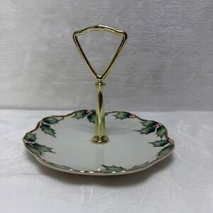 Lefton China Holly Berry Tidbit Tray Hand Painted Christmas Serving Plate Gold